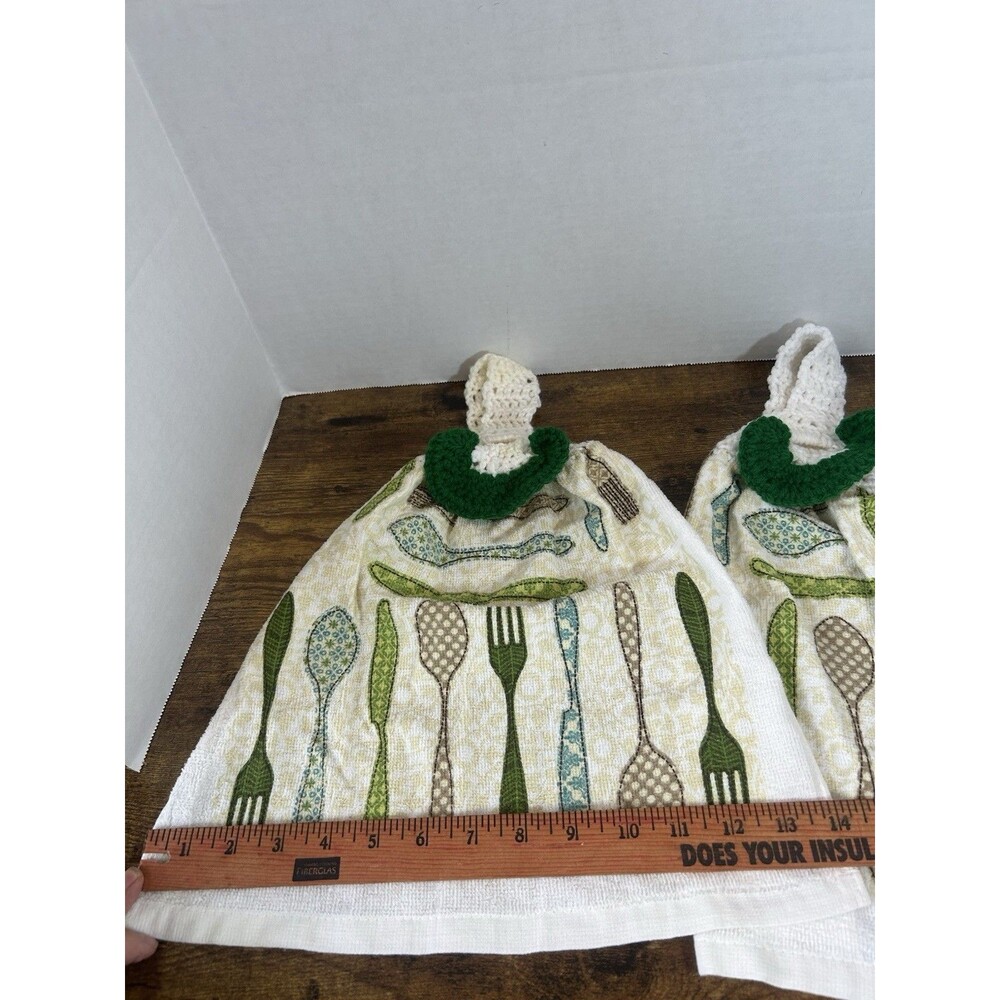 Set Of 2 Hanging Kitchen Towels Crochet Top Spoon Fork Farmhouse Decor Rustic - Picture 9 of 15
